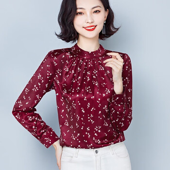 衬衫女士长袖春秋中年真丝上衣新款碎花含桑蚕丝打底衬衣红色碎花m