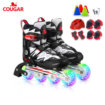美洲狮（COUGAR） 溜冰鞋 儿童男女轮滑鞋滑冰鞋 可调码旱冰鞋 黑白全闪套装 M(31-36)