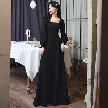 声乐艺考礼服女黑色晚礼服2022春季年会钢琴演出礼服长袖声乐艺考礼服