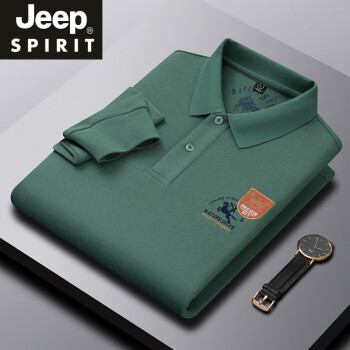 吉普（JEEP）polo.衫男装长袖t恤青年春秋衣服商务休闲打底带领上衣 A883绿色 XXL 适合150-170斤