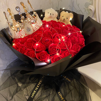 玫瑰花女友520情人节生日礼物表白订婚假花束 (52朵)小熊表白款 皇冠