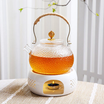 耐热玻璃煮茶器轻奢泡水果花茶壶套装700ml金属提梁壶底座50粒蜡烛