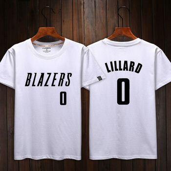 夏季篮球迷宽松训练球衣半袖学生休闲大码上衣服 开拓者0号利拉德白色