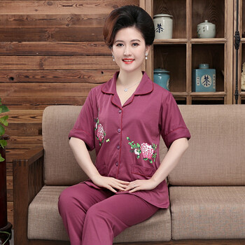 睡衣夏天薄款中年老人家居服套装w190紫色胖子女子大码新款母亲睡依
