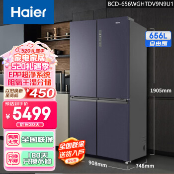 海尔（Haier）656升十字对开四开门冰箱智享系列 一级能效双变频家用电冰箱母婴大容量干湿分储 净味节能低噪 BCD-656WGHTDV9N9U1