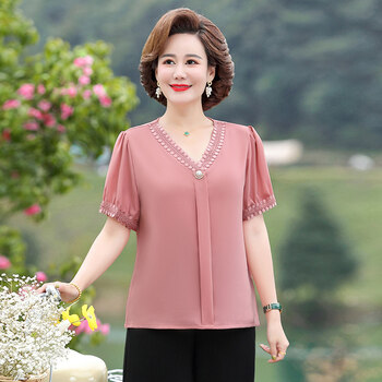 羽夕兔 中老年女装夏妈妈装短袖夏季套装中老年t恤女雪纺宽松大码洋气