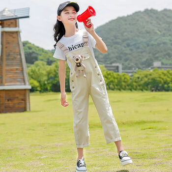 女装9-12岁女孩子夏天套装大童13到15岁服装背带裤儿童吊带裤子两件套