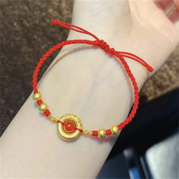 周六福天999祥云箍圈平安扣手链转运珠情侣男士手绳红箍圈4珠红编绳