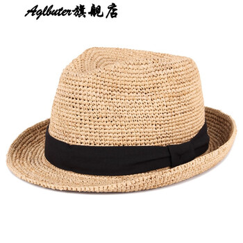 编爵士帽遮阳卷边手工钩针沙滩出行小礼帽型男时尚棉布装饰款m5658cm
