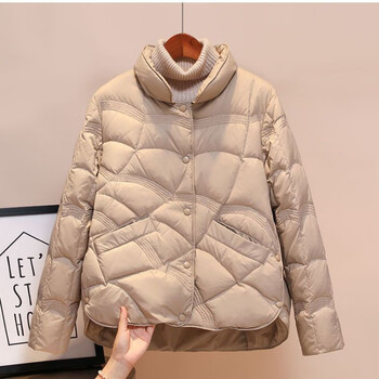 岁岁靓韩版休闲轻薄羽绒服女短款小个子保暖2022宽松薄款面包服卡其色