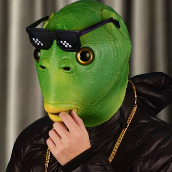 鱼头怪男生搞怪绿头怪头套搞笑绿鱼怪鱼人头套绿鱼人头套马赛克眼镜
