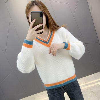 女秋冬2021年新款v领内搭加厚打底衫韩版百搭针织衫米白s建议8095斤