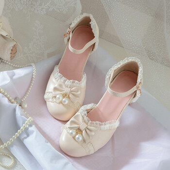 洛丽塔鞋子大码lo萝莉塔鞋蝴蝶结学生甜美圆头粗跟仙女 米白色 34