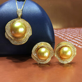 炫帕南洋浓金珍珠耳钉吊坠珍珠套装18k金镶钻石菲律宾无瑕正圆海水珠