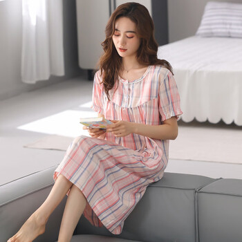 都市丽人梭织纯棉睡裙女夏季薄款短袖中裙子夏天大码宽松全棉纱布睡衣