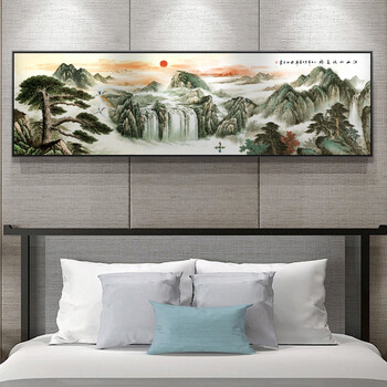 绘扬卧室床头装饰画简约新中式水墨山水画迎客松横幅长条挂画中国风
