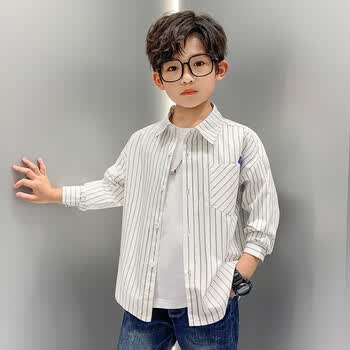 巧米兔男童条纹衬衫秋装新款儿童长袖纯棉衬衣2021春秋男孩上衣洋气