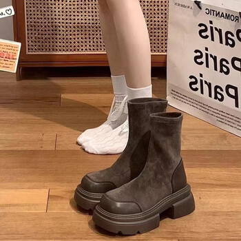 kulla厚底短靴子女秋冬季韩版弹力瘦瘦靴女百搭复古切尔西马丁靴女鞋