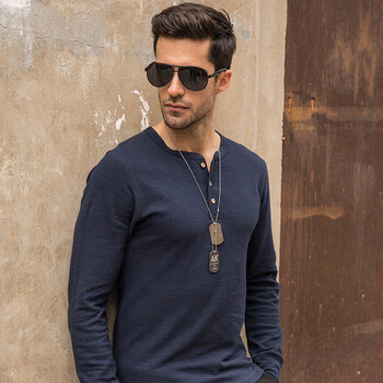 皮尔卡丹品牌高档男装美式复古亨利衫男华夫格亨利领长袖t恤男士打底