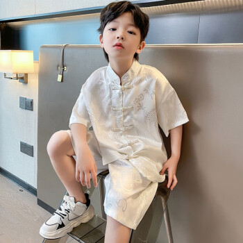 迪士尼（Disney）儿童夏季套装男童新款中国风复古盘扣汉服男宝宝夏装薄款衬衫唐 白色 130cm