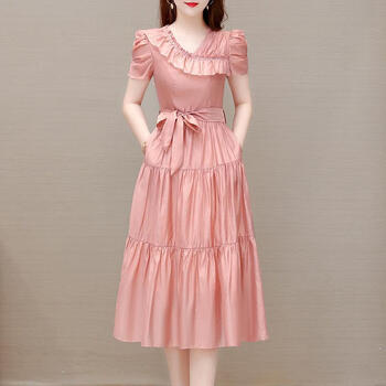 收腰女式连衣裙高档高端大气夏天【80-200斤】遮肚气质连衣裙 粉色 m
