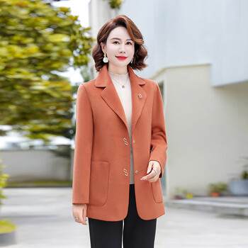 冠恤母衣服妈妈外套春秋季4050岁阔太太毛料外套洋气双面呢子外橘红色