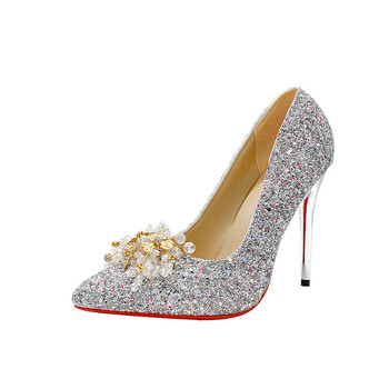 稼昀满钻女鞋水钻新娘鞋秀禾婚纱两穿水晶鞋高跟鞋婚鞋女单鞋银色38