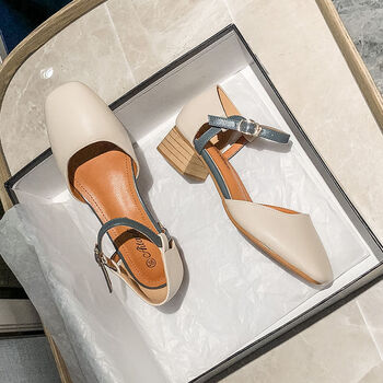 戈美其包头凉鞋女夏粗跟2022新款玛丽珍奶奶鞋一字扣中空高跟鞋女蓝色