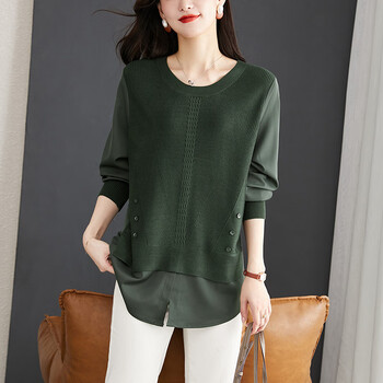 糖衣兔假两件针织衫女薄款秋季早秋时尚长袖衬衣洋气打底衫上衣绿色