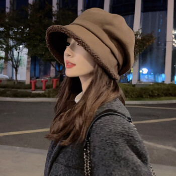 秀丝路适合短发戴的帽子女士2023新女冬加厚绒八角贝雷帽大头围显脸