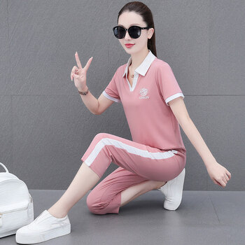 官方夏装七分裤运动服套装女新款翻领短袖恤休闲中年女直营安踏粉色m