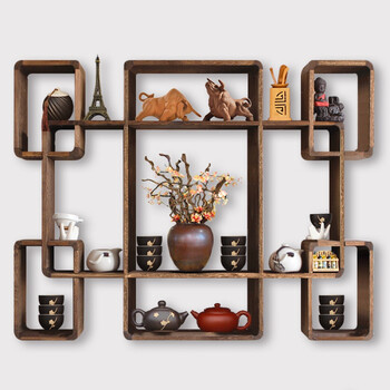 鲁普顿实木多宝阁中式装饰墙上置物架茶具架茶叶架置物架挂墙客厅