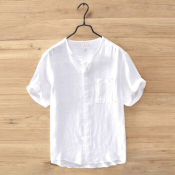 无领衬衫男短袖夏天上衣男宽松潮流暗扣圆领衬衣男士棉麻半袖 白色 l