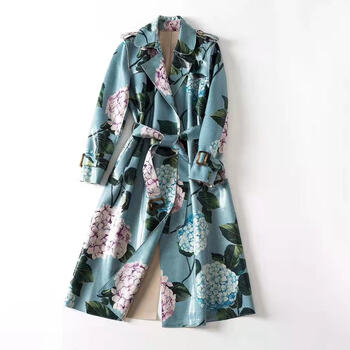 揽麦女装秋冬新款长袖绣球花印花时尚麂皮绒风衣外套天蓝色定制大小勿