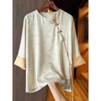 桑晴真丝中式唐装上衣中国风桑蚕丝复古盘扣提花衬衫女中式唐装上衣女