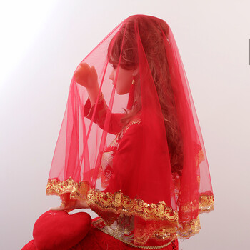 红盖头新娘红色头纱中式秀禾汉服古风2021新款半透明蕾丝结婚红纱红色