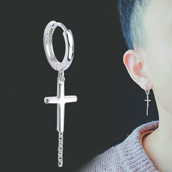 米聆925银潮人耳饰日韩个性街头男耳钉十字架长款男士耳环单只饰品单