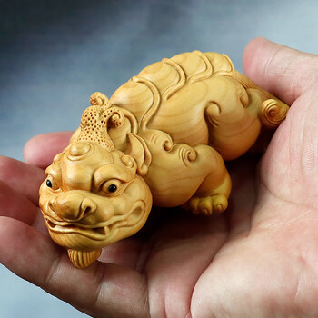 黄杨木雕实木手把件中式文玩男招财家居饰品动物独角天禄貔貅摆件