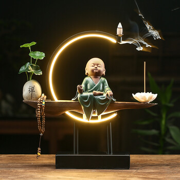 万园琦紫砂宠倒流创意灯圈禅意和尚桌台摆件精品居装饰品 品静心(带