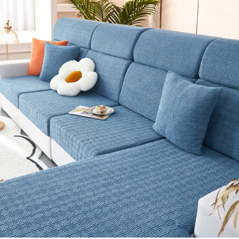 提花绒弹力沙发套罩全包多功能坐垫浴帽式四季通用沙发套 回纹-湖蓝色