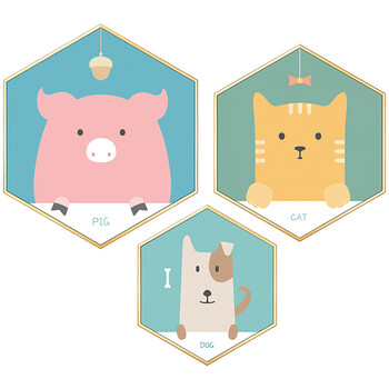 现代儿童房卧室床头装饰画 卡通动物插画北欧六边形客厅餐厅挂画 鸡