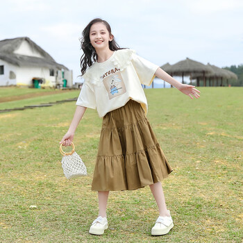 汀梵娜女童套裙夏季新款可爱小兔短袖t恤半身裙两件套514岁小女孩夏装