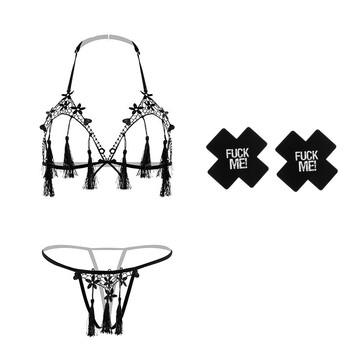 情趣内衣 三点式开档免脱血滴子套装流苏文胸丁字裤全透明露沟露毛