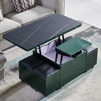 墨绩 升降茶几现代简约小户型吸塑款折叠钢化玻璃茶几餐桌两用带凳子