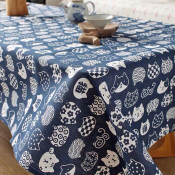 棉麻桌布布艺长方桌学生ins少女心书桌台布网红长方形茶几餐桌布蓝底