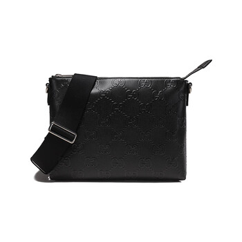 gucci古驰 男士黑色gg印花压纹皮革单肩斜挎包邮差包手拿包中号
