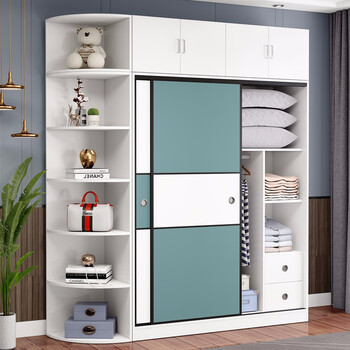 骏德衣柜推拉门现代简约家具卧室柜子大衣橱蓝白色140长主柜带顶柜带