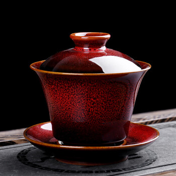 茶杯茶碗大号茶具窑变陶瓷泡茶碗陶瓷白瓷功夫三才碗单个盖碗酒红色