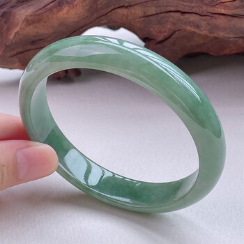 墨韵 翡翠缅甸冰糯种正圈翡翠手镯 水润满色宽版豆绿玉镯子女款 52号
