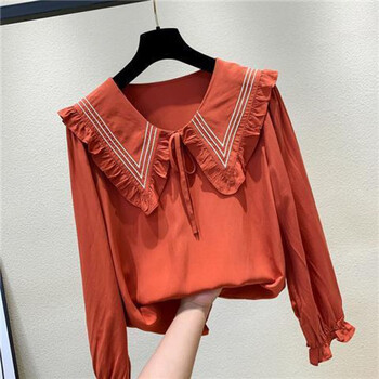 兹仕猫洋气超仙娃娃领长袖雪纺衫早秋新款显瘦法式复古别致上衣桔红色
